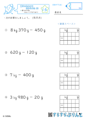 【16】重さのひき算（たんいくり下がりあり）【重さ１５】