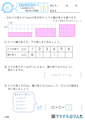 「【変わり方調べ１】長方形のたてと横の長さの関係」まとめPDF