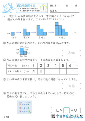 「【変わり方調べ３】正方形を並べた階だんのだん数と周りの長さの関係」まとめPDF