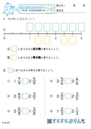 分数 帯分数 仮分数を数直線に書く 小4算数 無料プリント