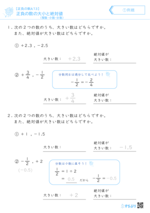 「【正負の数A13】正負の数の大小と絶対値（整数・小数・分数）」まとめPDF